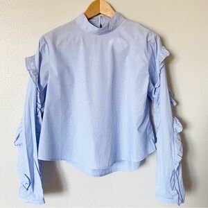 Avec Les Filles Mock Neck Ruffled Top Blouse Blue Pin Striped Cotton Small NWT